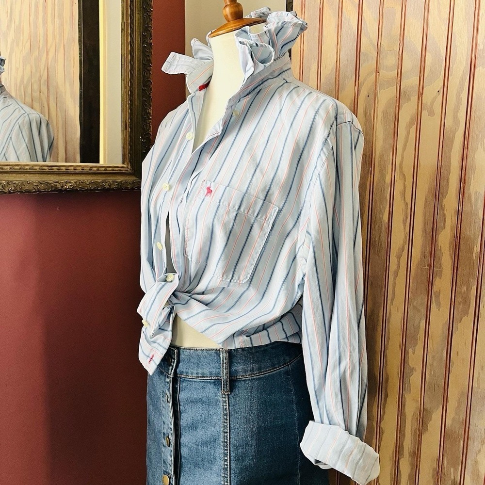 Upcycled Re-worked Abercrombie & Fitch Preppy Pink Stripe Ruffle Collar Shirt S